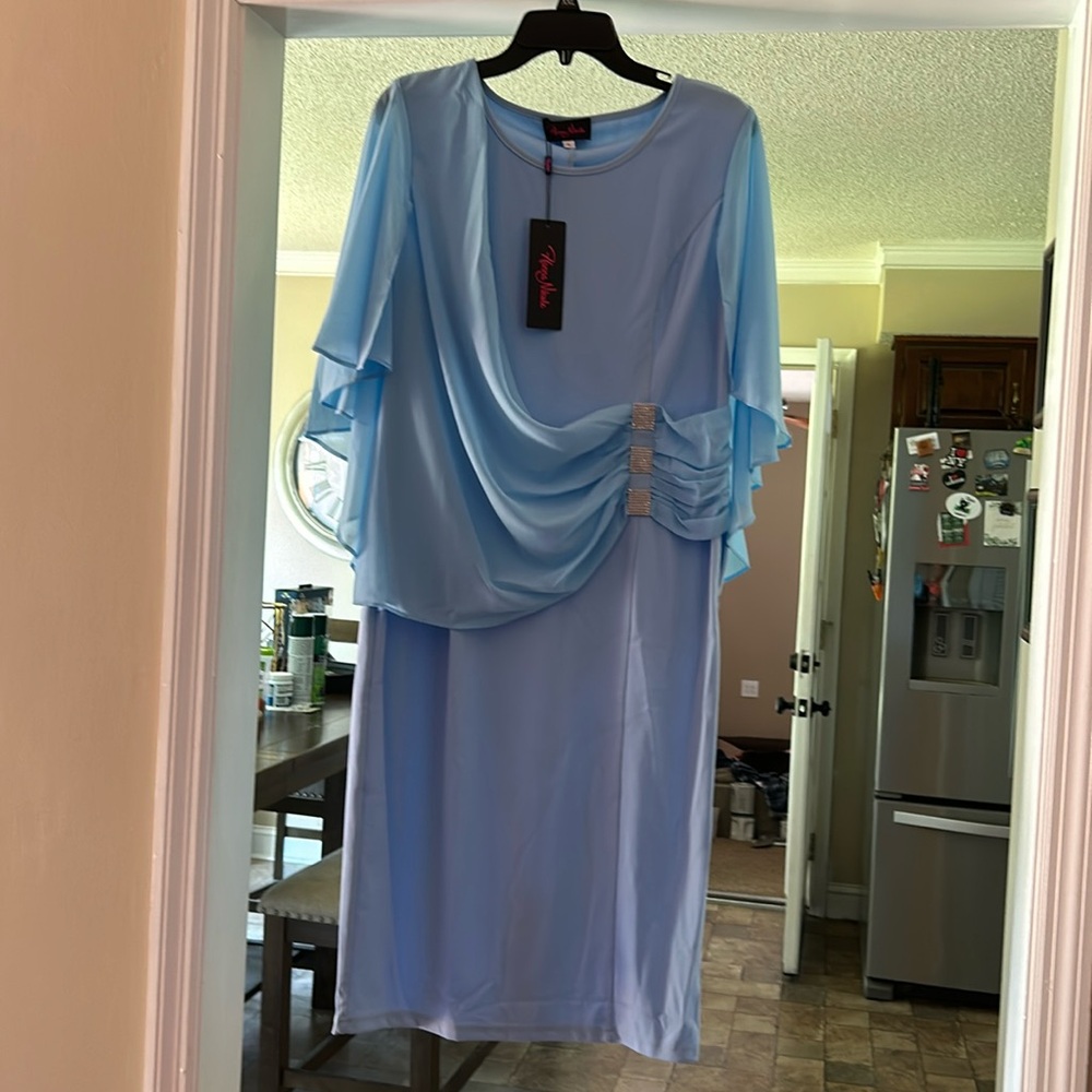 Womens Light Blue chiffon ruffle cape Bodycon pencil dress.